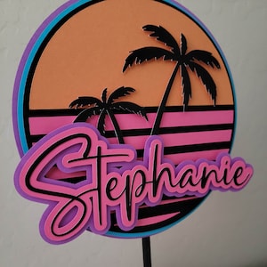 Retro Sunset Cake Topper California Beach Florida Sunset 70s 80s style birthday party theme Cake topper for birthdays anniversaries bridal showers and other parties. Choose from a variety of colors and material types. Personalize with a name.