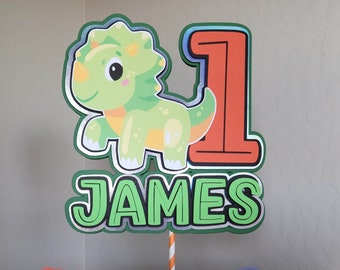 Triceratops Cake Topper - 3D Dino Birthday Theme Decor - Add Your Child's Name and Age - Handmade Personalized Dinosaur Cake Topper