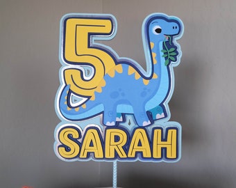 Custom Dinosaur Birthday Cake Topper - Blue Brachiosaurus Birthday Theme - 3D Long Neck Dino Birthday Cake Topper - Add Child's Name & Age