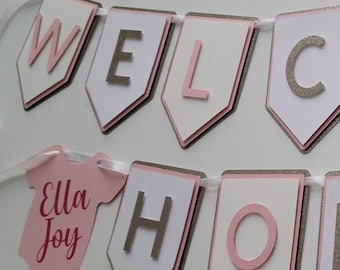 Welcome Home Baby Girl Banner - Custom Onesie with Name - Choose Colors, Ribbon, and Add Personalization - New Baby + Baby Shower Banners