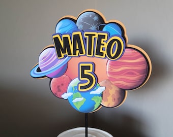 Custom Solar System Cake Topper - Space Theme, Planets Birthday - Personalize with Name and Age - Large Cake Topper with Colorful Planets