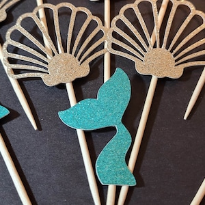 Mermaid Cupcake Toppers - Birthday Party Decor - Mermaid Tails + Shells - Lots of Color Choices in NO Shed Glitter Cardstock - FREE Shipping