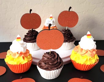 Adornos para cupcakes y tartas con forma de calabaza - Naranja y marrón, 2 capas - Hechos a mano por encargo para celebraciones de otoño
