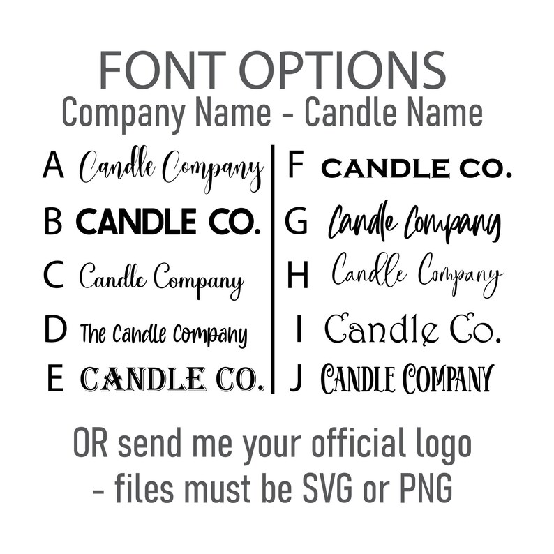 Infographic with a list of 10 font options that can be used for premium custom tags including printed, all caps, and cursive styles.