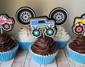 Monster Truck Cupcake Toppers - Set of 12 - 3D Layered Handmade Cupcake Toppers - Monster Truck Theme Birthday Party - Choose Colors & Types