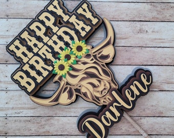 Highland Cow Birthday Cake Topper - Add a Name to Personalize - Custom 3D Handmade Cake Topper - Farmhouse, Country, Cowboy, Highland Cows