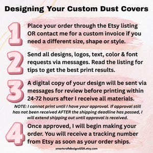 Tips for designing your custom dust covers - 4 steps to understand how the process works so you'll know what to expect when ordering dust covers from my Etsy shop.