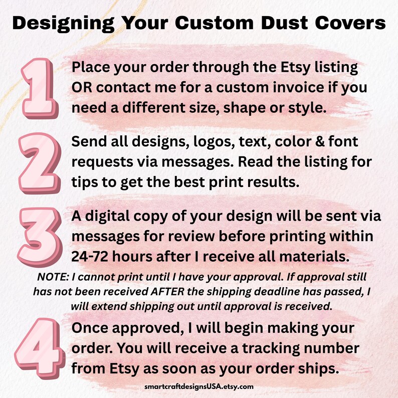 Tips for designing your custom dust covers - 4 steps to understand how the process works so you'll know what to expect when ordering dust covers from my Etsy shop.