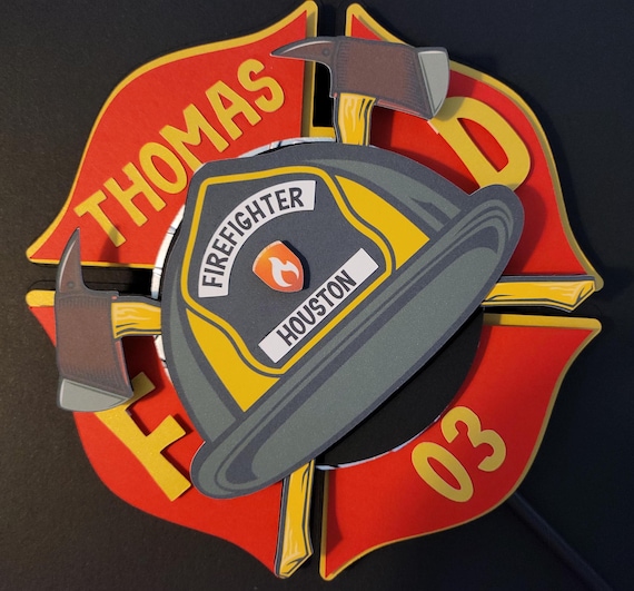 Fireman Cake Topper - Custom Fire Department Theme Birthday - Personalized Add a Name, Age and Local Info - Handmade 3D Cake Topper
