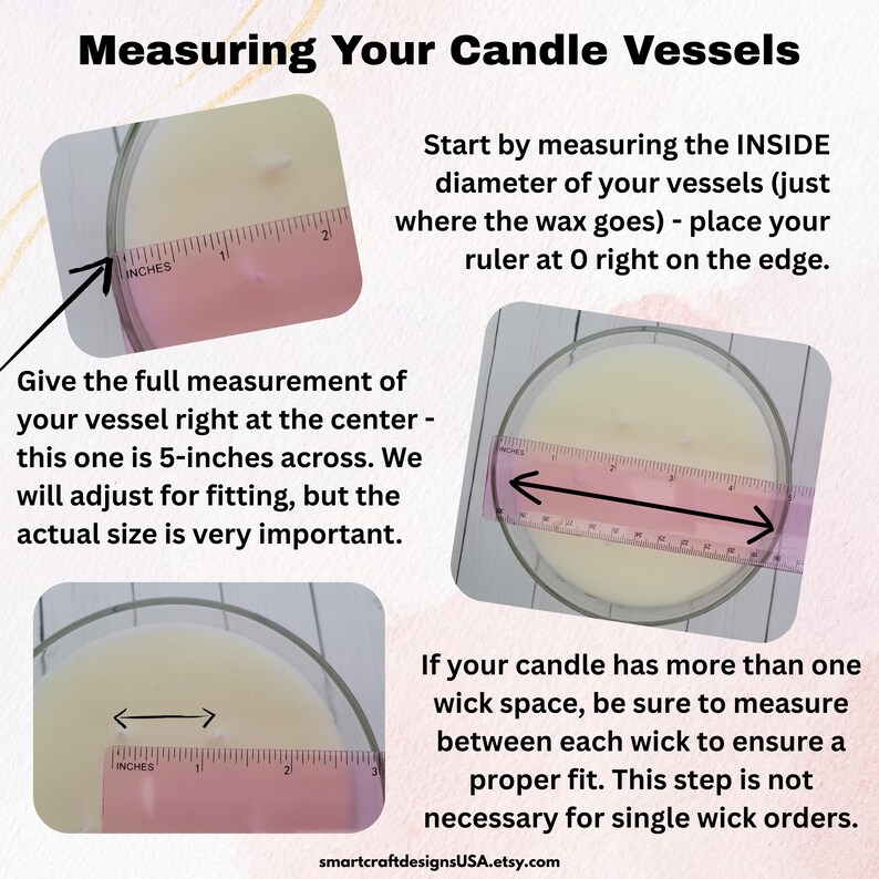 Tips for measuring your candle vessels to ensure a proper fit and to know what to expect when ordering from my Etsy shop.