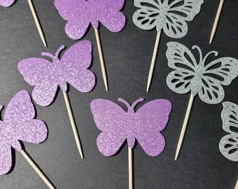 Butterfly Cupcake Toppers - Cute Birthday Party Decor - 12 NO Shed Glitter Butterfly Decorations - Multiple Color Choices - FREE Shipping