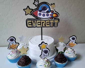 Space Cake Topper - Astronaut Theme Birthday Decor - Rocket Ship, Stars, and Astronaut for Space Theme Birthday Party - Custom Name and Age