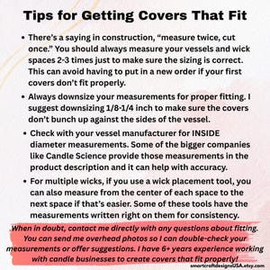 Tips for measuring your candle vessels to ensure a proper fit and to know what to expect when ordering from my Etsy shop.