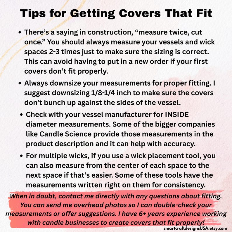 Tips for measuring your candle vessels to ensure a proper fit and to know what to expect when ordering from my Etsy shop.
