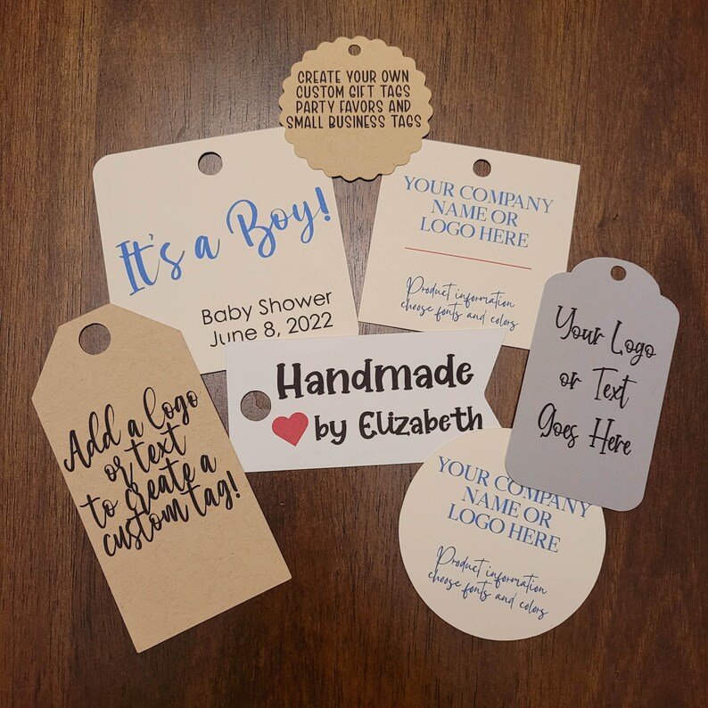 Array of size and shape options for custom cardstock tags - white, kraft, gray, and cream with a variety of text options as examples.