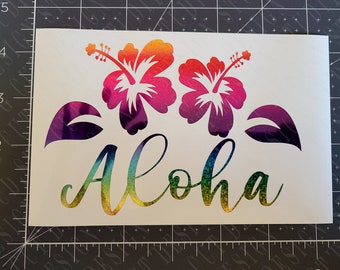 Aloha Vinyl Decal with Hibiscus Flowers and Leaves - Many Colors Solid, Holgraphic & Metallic - Hawaiian Decal for Cars, Trucks, Tumblers