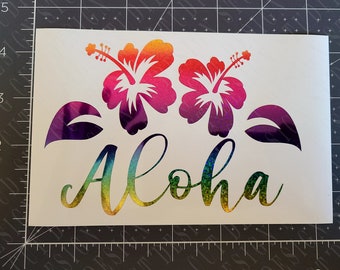 Aloha Decal with Hibiscus Flowers and Leaves Pick from Many Colors Solid, Holgraphic & Metallic - Hawaiian Sticker for Cars, Trucks, Tumbler