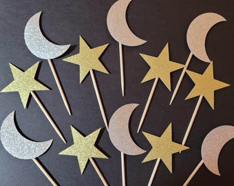 Decoración para cupcakes con estrellas y lunas: fiesta de cumpleaños, baby shower, temática "Te amo hasta la luna y más allá" (varios colores brillantes)