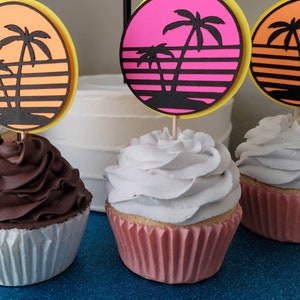 Retro sunset cupcake toppers - use them alone or add them to your cake topper order. 70s 80s beach island sunset theme California Florida Hawaii style party decor