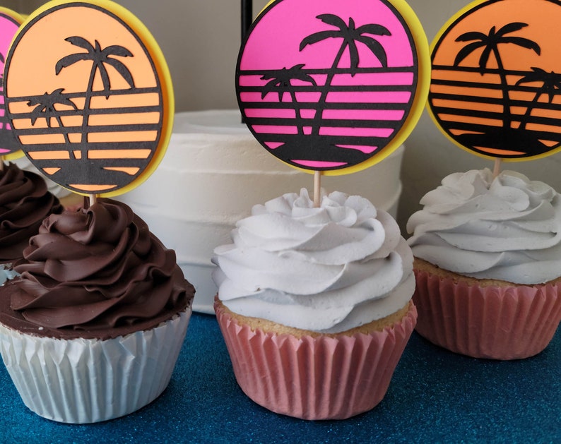 Retro sunset cupcake toppers - use them alone or add them to your cake topper order. 70s 80s beach island sunset theme California Florida Hawaii style party decor