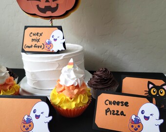 Carpas para comida de Halloween, etiquetas de nombres, tarjetas de lugar - Fantasmas adorables, gatos negros o una combinación - Mínimo 8, con conjuntos más grandes disponibles