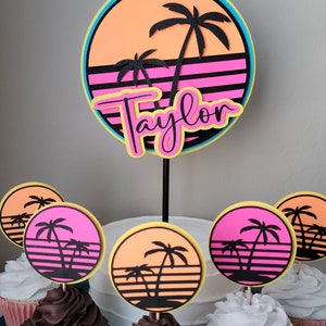 Retro Sunset Cake Topper California Beach Florida Sunset 70s 80s style birthday party theme Cake topper for birthdays anniversaries bridal showers and other parties. Choose from a variety of colors and material types. Personalize with a name.