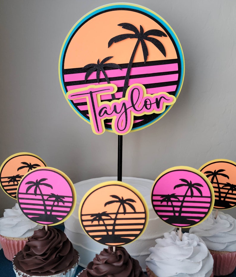 Retro Sunset Cake Topper California Beach Florida Sunset 70s 80s style birthday party theme Cake topper for birthdays anniversaries bridal showers and other parties. Choose from a variety of colors and material types. Personalize with a name.