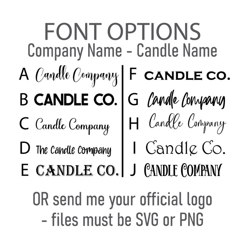 Infographic with a list of 10 unique font options to use with custom candle dust covers including printed, all caps, and cursive styles.