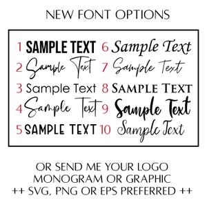 Infographic with a list of 10 font options that can be used for premium custom tags including printed, all caps, and cursive styles.