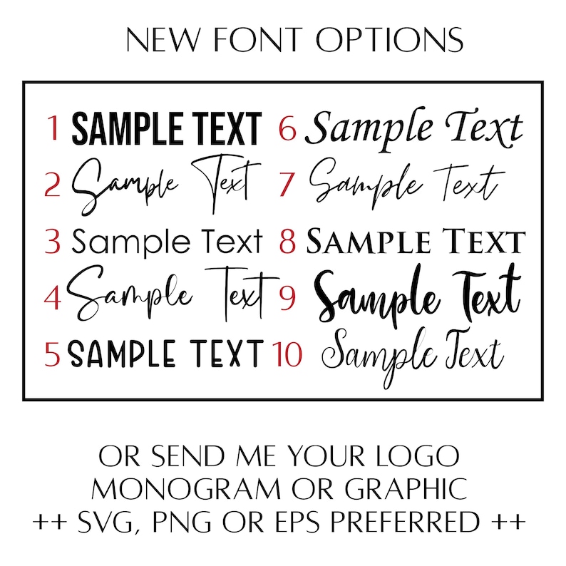 Infographic with a list of 10 font options that can be used for premium custom tags including printed, all caps, and cursive styles.