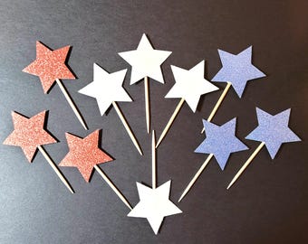 American Cupcake Toppers - 4th of July and Patriotic American Celebrations - 3 Different Colors - No Shed Glitter Stars - Precision Cut