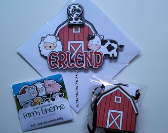 Farm Cake Topper - Add Child's Name and Age - Cupcake Toppers + Decor - Old MacDonald's Farm Birthday Theme - Farm Animals, Barn, Tractor