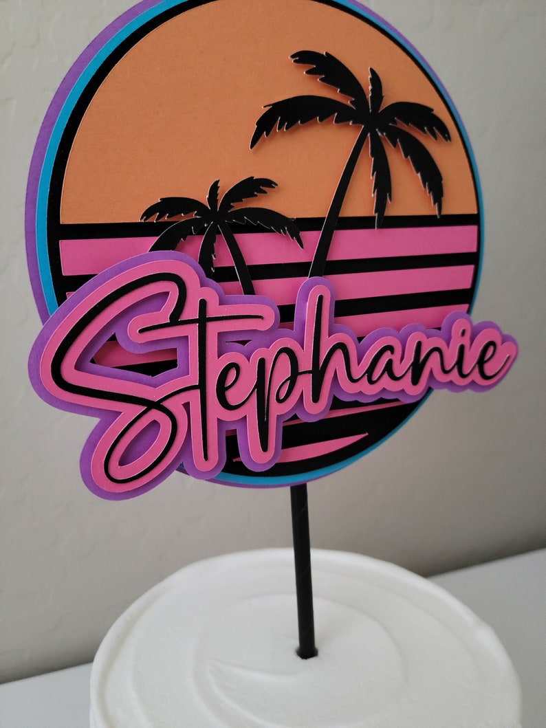 Retro Sunset Cake Topper California Beach Florida Sunset 70s 80s style birthday party theme Cake topper for birthdays anniversaries bridal showers and other parties. Choose from a variety of colors and material types. Personalize with a name.