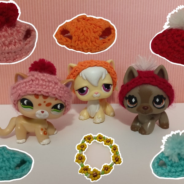 Bobble hat beanie crocheted for LPS POP Littlest Pet Shop figures handmade clothes wool custom accessories flower crown shorthair collie