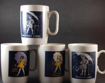 Set of 4 Vintage MORTON SALT When it Rains it Pours Umbrella Girl Coffee Mugs made in Japan