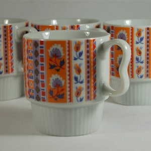 Metal Orange Mug Tree Set of 6 Fruit and Patteren Mugs Mid Century Coffee Ceramic 70s
