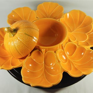 Vintage Pumpkin Serving Dish with Lid, Ceramic Sectioned Snack Tray, Fall Harvest Server, Autumn Party Platter, Pumpkin Shaped Dish