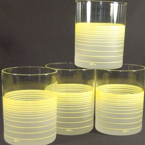 Vintage Yellow Striped frosted Low Ball Whiskey Glasse Mid-Century Modern by Cera