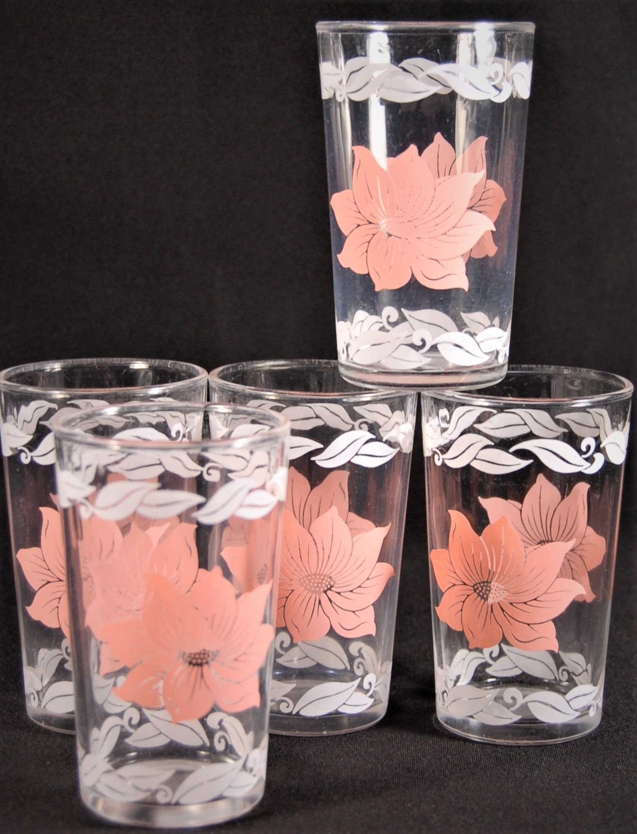 Vintage Hawaiian Flower Glasses, Set of 4 Pin & White Floral