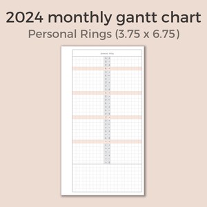 May include: A blank monthly Gantt chart for 2024, designed for a Personal Rings (3.75 x 6.75) planner. The chart has a grid layout with numbered rows and columns.