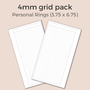 May include: Two white sheets of paper with a 4mm grid pattern. The sheets are 3.75 inches by 6.75 inches and are labeled "4mm grid pack Personal Rings (3.75 x 6.75)".
