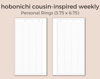 May include: A printable weekly planner template inspired by the Hobonichi Cousin, designed for personal use. The template is sized 3.75 inches by 6.75 inches and features a grid layout with days of the week labeled.