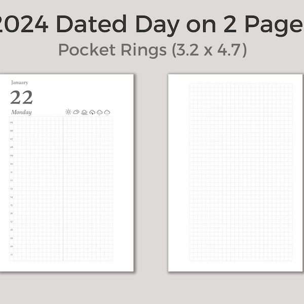 2024 Day on 2 Pages, Midori Hibino-inspired, Printable Pocket Planner Inserts