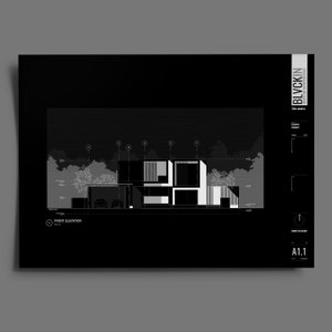 May include: Black and white architectural drawing of a modern house with a flat roof and large windows. The drawing shows the front elevation of the house, with a driveway and landscaping.