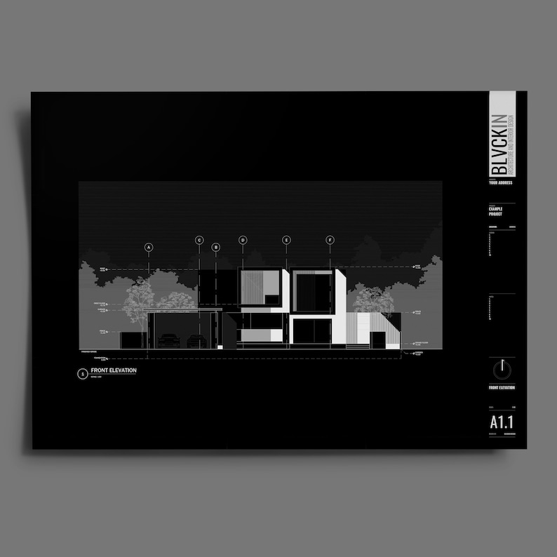 May include: Black and white architectural drawing of a modern house with a flat roof and large windows. The drawing shows the front elevation of the house, with a driveway and landscaping.
