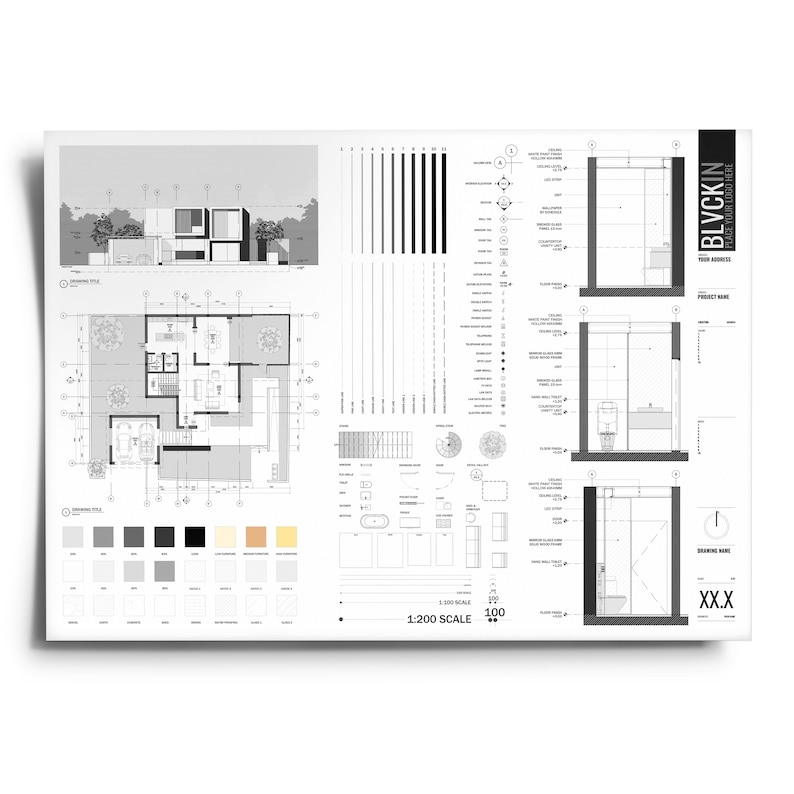 May include: Black and white architectural blueprint with a floor plan, elevation, and details of a modern house. The blueprint includes a drawing title block with the text "BLVCKIN" and "YOUR PROJECT NAME".