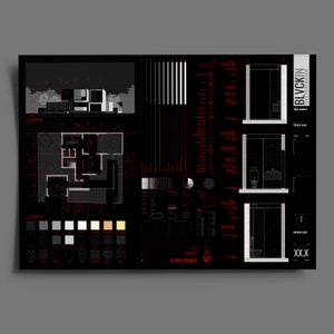 May include: Black and white architectural blueprint with red text. The blueprint includes a floor plan, elevations, and details of a modern house. The text includes "BLVCKSKIN" and "1:200 SCALE".