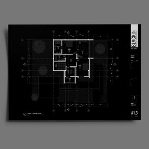 May include: Black and white architectural floor plan of a house with a level 3 floor plan labeled on the bottom left. The plan shows a bathroom, kitchen, living room, and bedrooms. The text "BLVCKIN" is in the top right corner of the plan.