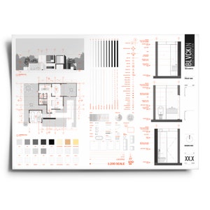 May include: Architectural blueprint for a modern home with a floor plan, exterior elevation, and bathroom details. The drawing includes a scale of 1:200 and a drawing title of "BLVCKIN - PROJECT NAME - YOUR ADDRESS".