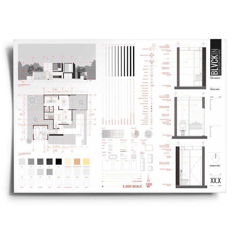 May include: Architectural blueprint for a modern home with a floor plan, exterior elevation, and bathroom details. The drawing includes a scale of 1:200 and a drawing title of "BLVCKIN - PROJECT NAME - YOUR ADDRESS".